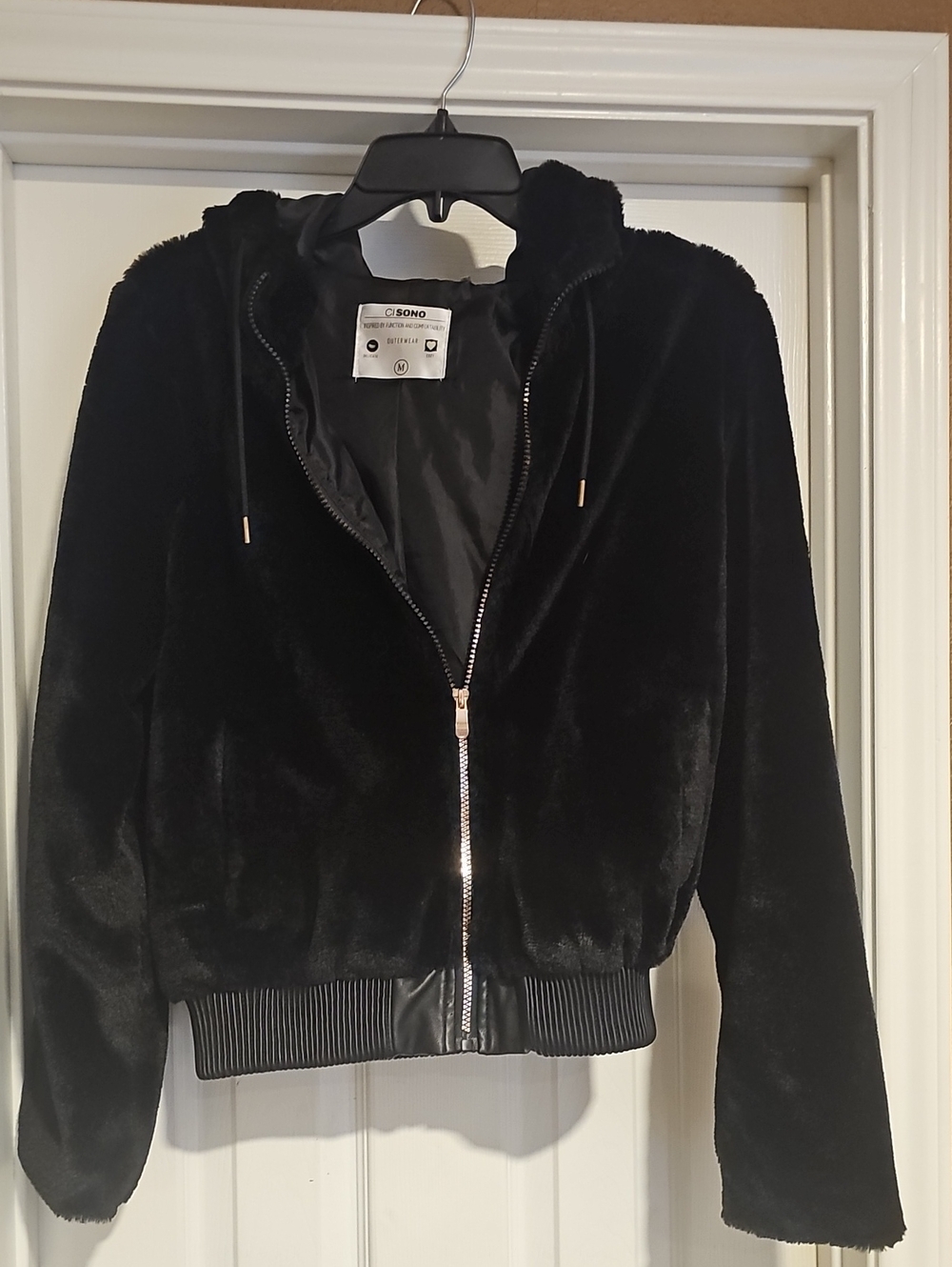 Soho Black Plush Hooded Bomber Jacket